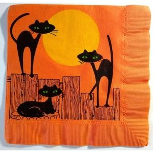 Halloween Napkin Siamese Black Cats Full Moon Retro Mid Century Mod Paper Crepe